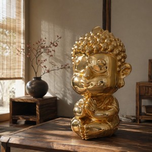 รูปปั้นเรซิ่นไฟเบอร์กลาสสีทองทันสมัยขนาดใหญ่ รูปการ์ตูนเซนนั่งสมาธิ สำหรับตกแต่งสวน โรงแรม รุ่น YX-BLG-pkr การ์ตูนสมัยใหม่ Z - Product Image 2