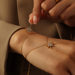 Señoras cadena esclavo pulsera <span class=keywords><strong>oro</strong></span> <span class=keywords><strong>Acero</strong></span> <span class=keywords><strong>inoxidable</strong></span> pulsera cadena anillo Starburst encanto CZ cristal estrella pulsera mano cadena - Product Image 1