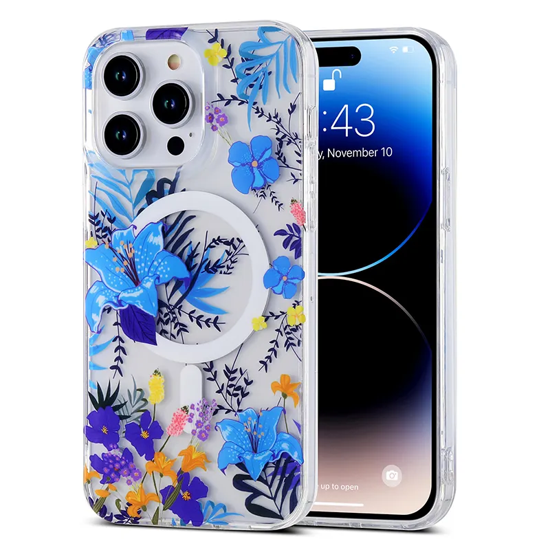 Luxo sem fio carregamento claro IMD flor selvagem telefone caso para iphone 15 14 13 pro max