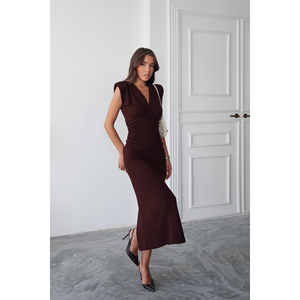 เดรสสีน้ำตาลทรงวีคอแบบสกูบา ดีไซน์จับจีบด้านข้าง ความยาวปานกลาง เหมาะสำหรับใส่ทำงาน สำหรับผู้หญิง ไซส์ S - Product Image 3