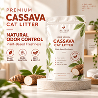 Litière pour chat en cassave en gros, anti-odeur, faible teneur en poussière, biodégradable, jetable aux toilettes, emballage personnalisé, échantillon gratuit