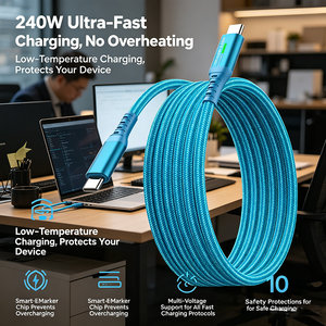 Câble <span class=keywords><strong>de</strong></span> <span class=keywords><strong>charge</strong></span> rapide USB C vers USB C 240W 6A 480 Mbps en nylon, compatible avec <span class=keywords><strong>iPhone</strong></span> 15 17 Pro Max Samsung, testé pour plus <span class=keywords><strong>de</strong></span> 10 000 plisures <span class=keywords><strong>de</strong></span> flexion - Product Image 4