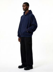 Sweat-shirt à capuche bleu marine uni pour homme, OEM ODM, décontracté, manches longues, avec poche kangourou, logo personnalisé - Product Image 3