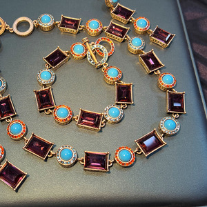 Conjunto de collar, pendientes y pulsera de aleación chapada en oro con turquesa, estilo bohemio vintage francés exagerado para mujer, alta calidad de China - Product Image 3