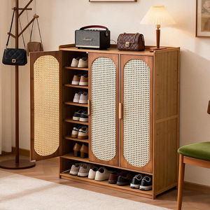 Vintage Style Arched Door <b>Shoe</b> Cabinet Bamboo Multi Layer <b>Storage</b> <b>Rack</b> For Living Room Entryway Home Dormitory - Product Image 1