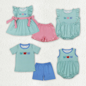 Sibling Matching Mint Gingham <b>Crab</b> Embroidery Eco-Friendly Casual Short Sleeve Summer Outfits - Product Image 1
