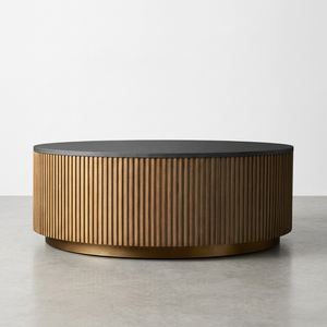 MYHOME 2026 Tavolino da Caffè Rotondo Moderno in <span class=keywords><strong>Legno</strong></span> di Quercia Massiccio con Piano in Marmo Design Canna per Arredamento Soggiorno - Product Image 3
