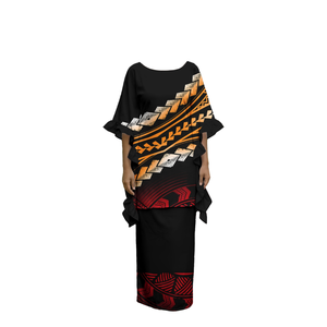 Vestido Formal de Verano para Mujer, Talla Grande, Diseño Floral Oscuro, Estilo Hawaiano, Puletasi Samoano, con Mangas con Volantes, de Poliéster - Product Image 1