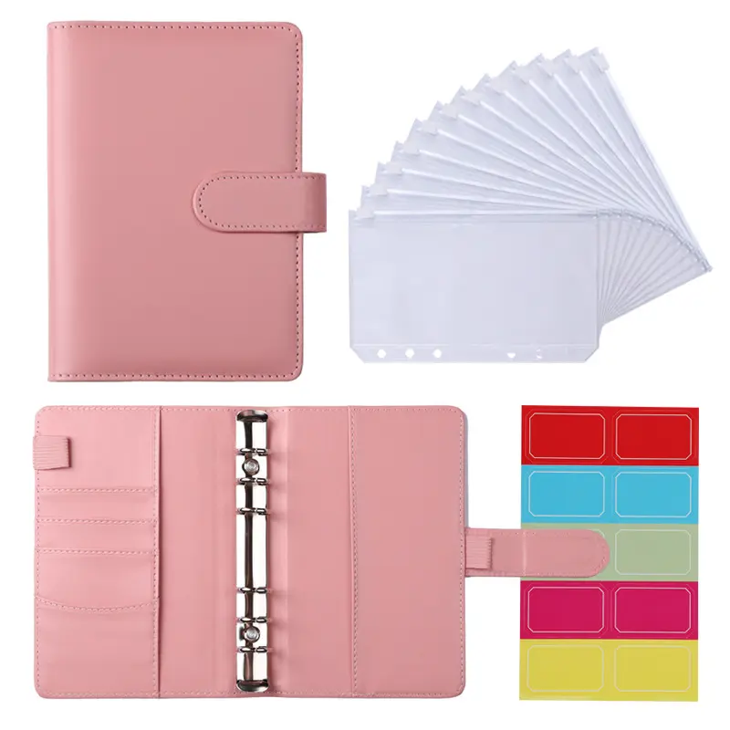 A6 PU Leather Notebook Journal 6 Ring Binder Planner Macaron Color Cover Budget Binder With Cash Envelopes Notebook for Girls