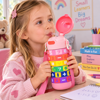 Bouteille d'eau isotherme à double paroi en acier inoxydable 316 de 14 oz avec motif puzzle mathématique et oreilles de lapin, avec poignée et paille, idéale pour l'école