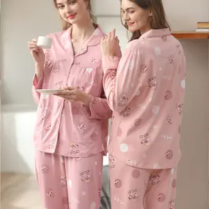 Piyama Tidur Katun Wanita, Pakaian Rumah Lengan Panjang Katun Murni Dua Potong Longgar Musim Semi dan Gugur