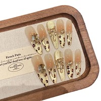 Lot de 10 faux ongles longs stiletto faits main, personnalisés, avec strass 3D, réutilisables, motif léopard de luxe, paillettes dorées, en gel, pour B2B