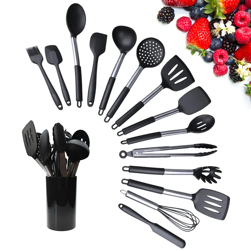 Thép không gỉ xử lý không dính Pan Silicone chịu nhiệt dụng cụ nhà bếp gad đồ dùng Set Silicone nấu ăn đồ dùng Set