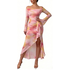 เดรสแม็กซี่ผ้ามัดย้อมเปิดไหล่สำหรับผู้หญิง - ชุดราตรีแขนยาวเข้ารูปแฟชั่น - Product Image 1