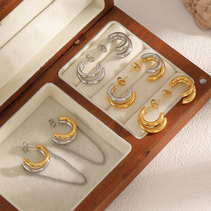 Pendientes de acero inoxidable con forma de C de doble capa geométrica, color oro y plata, a la moda para mujer - Product Image 2