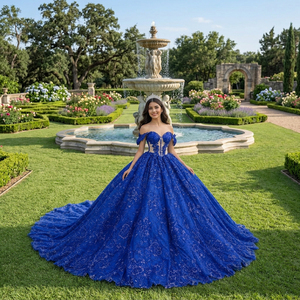 Robe de Quinceañera pour femme 6840 Illusion Bleu Royal, coupe cœur, bouffante, avec traîne chapelle, ornée de perles, d'applications en cristal et d'imprimés, taille naturelle - Product Image 1
