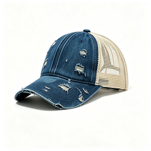 Casquette Trucker en Jean Délavé Effet Vieilli avec Trous Déchirés, Dos en Maille Respirante, Style Décontracté pour Extérieur, Logo Personnalisé, Unisexe - Product Image 6