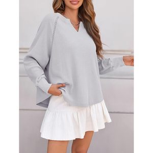 Suéter tipo túnica de punto gofrado de manga larga extragrande para mujer, cuello en V, informal, suave, para todas las estaciones - Product Image 3