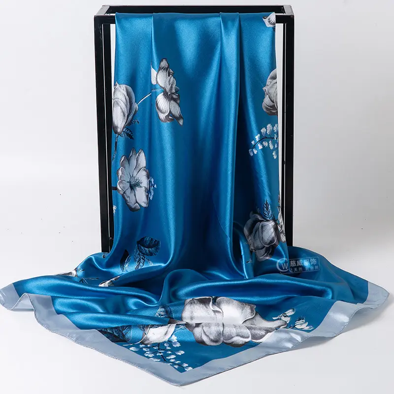 Luxus Damen 90 × 90 cm Blumen Druck Satin Viereck-Schal Schals seidenförmig elegantes Kopftuch Hijab-Schals