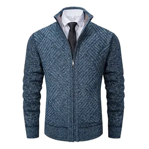 Cárdigan de punto elegante coreano para hombre, chaqueta a rayas para hombre, suéter deportivo de lana con cremallera y cuello en V para invierno frío