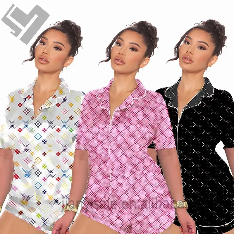 Conjunto de pijama duas peças feminino, pijamas de seda cetim estampados