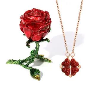 Kalung Kristal Ajaib Wanita, Kalung Stainless Steel Titanium dengan Berlian Imitasi Bunga Mawar Kotak Perhiasan