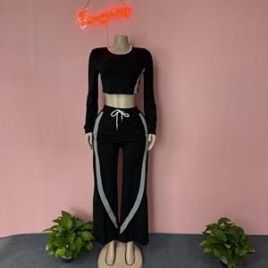 Rahat sportif tarzı kontrast şerit tasarım 2 parça Set kadın o-boyun tam kollu mahsul Tops + İpli uzun pantolon takım elbise - Product Image 3