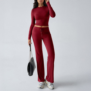 Ensemble de yoga de <span class=keywords><strong>sport</strong></span> pour femmes T-<span class=keywords><strong>shirt</strong></span> à manches longues et pantalon de couleur unie Vêtements d'entraînement confortables - Product Image 5