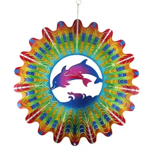 Laser cut stainless steel multi color 3D wind spinner Dolphin