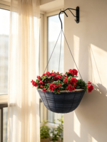Panier suspendu tissé bleu marine avec bord en corde beige, 3 crochets métalliques, style américain, pot de fleurs de jardin sculpté à la main pour la maison