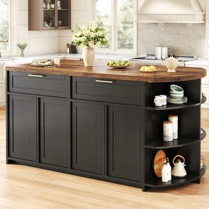 Isla de Cocina Negra Moderna SENYU con Cubierta de Madera Oscura, Estante Curvo, Gabinete de Almacenamiento, Diseño Multifuncional - Product Image 1