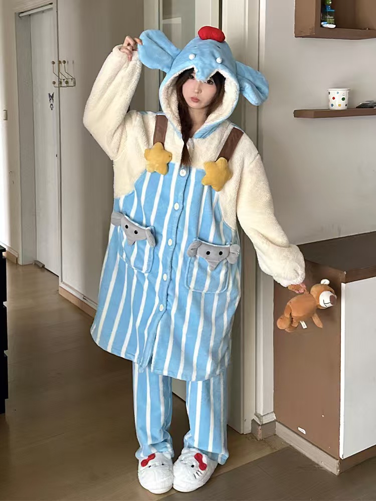 IM93 bleu-Éléphant mignon (robe longue + pantalon long)