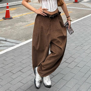 Pantalones de Pana Estilo Hip Hop Vintage, Transpirables, Ecológicos, 100% Poliéster, Corte Cómodo, Pierna Ancha, Detalle Plisado, Dobladillo Curvo - Product Image 3