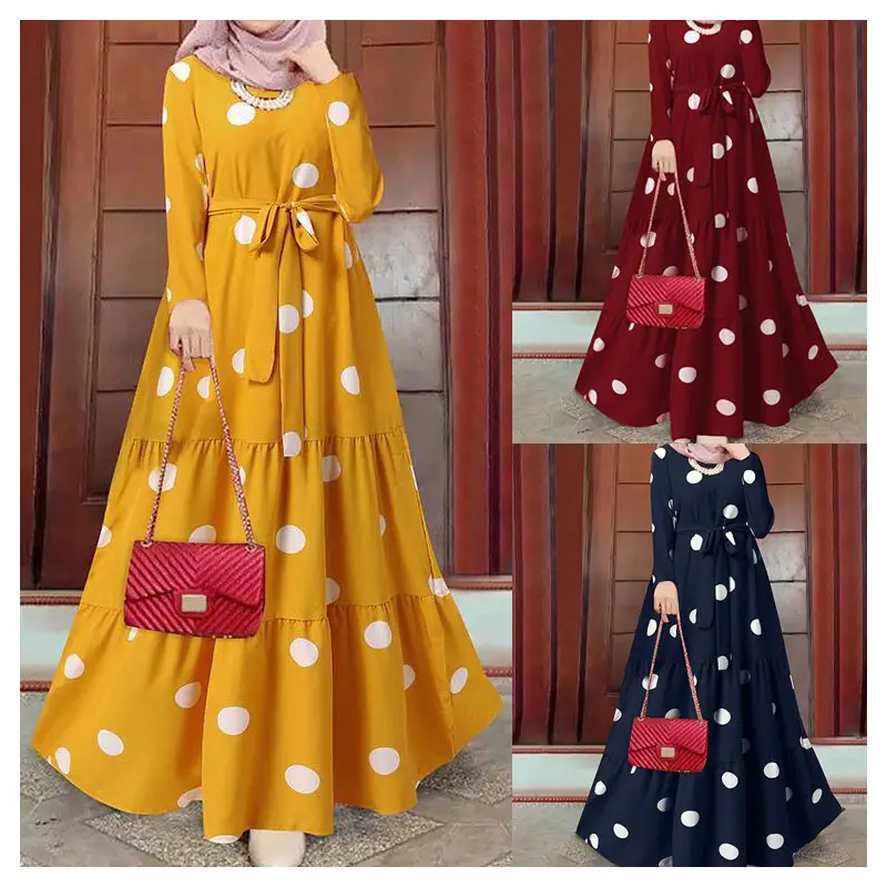 Novo Design Casual Wear Islâmico Roupas Polka Dot Vestidos Robe Muçulmano Abaya Dubai Peru Vestido De Festa Ladies Mulheres Étnicas Caftan