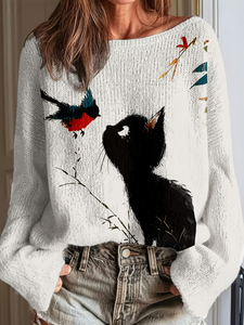 Damen Schwarzer Katzen- & Vogel-Strickpullover 2026 Künstlerischer Erzählungs-Jumper 100% Polyester Digitaldruck Lässiges Weißes Langarm-Oberteil - Product Image 1