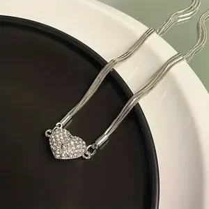 Modieuze Luxe Zirkoon Hart Magnetische Meerlagige Ketting Delicaat Ontwerp Glanzend Kristal Gebroken Hart Hanger Ketting