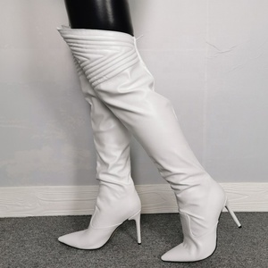 Bottes hautes sexy pour femmes, taille 47, couleur unie, blanches, avec fermeture éclair arrière, talon aiguille, bout pointu, bottes longues jusqu'au cuisse - Product Image 6