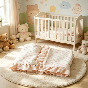 Couverture d'emmaillotage en mousseline pour nouveau-né, imprimé nœud rose, bords volantés, pour poussette et lit de bébé - Product Image 1