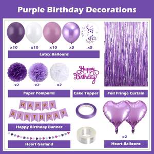 Ballons de fête d'<span class=keywords><strong>anniversaire</strong></span> blancs et violets pour femmes et filles, bannière <span class=keywords><strong>Joyeux</strong></span> <span class=keywords><strong>Anniversaire</strong></span>, rideaux à franges en aluminium, ballons, pompons en papier de soie - Product Image 3