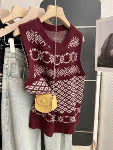 Chaleco de punto jacquard geométrico Fair Isle con cuello redondo para mujer, sin mangas, casual, para otoño, suéter tipo top sin mangas - Product Image 3
