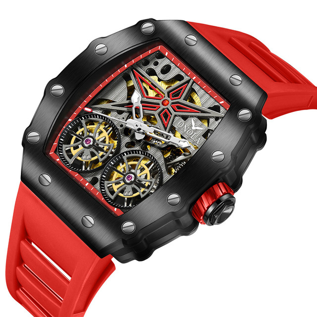 ONOLA 6829 Business Water Resistant Automatic Brand Watch Men Soft Silicone Strap Luxury Mechanical Hollow Stainless Steel Case