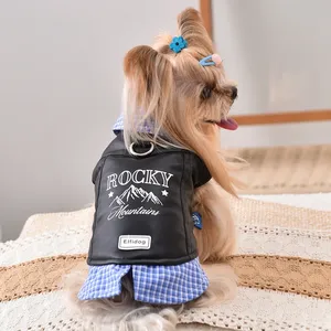 Chaqueta de Cuero para Perro con Cuello a Cuadros, Abrigo de Invierno para Mascotas con Forro Polar y Anillo para Arnés, Ropa para <span class=keywords><strong>Cachorros</strong></span> al por Mayor - Product Image 4