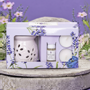 Luxury Lavender Ceramic Handmade Letterpress Printed Oil <b>Burner</b> Gift Set with Essential Oil Tealight <b>Candles</b> | Aromatherapy Gift - Product Image 1