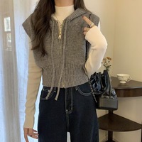 Cardigan en tricot acrylique zippé décontracté pour femme, séchage rapide, polyvalent, avec capuche et logo frontal, style robe fine, vente en gros