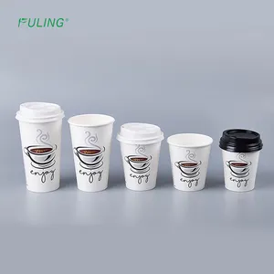 Fuling 4oz 8oz 12oz 16oz biểu tượng tùy chỉnh dùng một lần tường nóng uống cà phê cốc giấy với nắp
