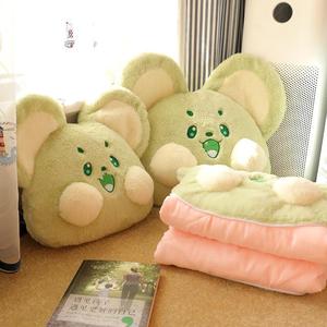 Cute Animal Plush Pillow Quilt Two In One Folding Car Office Nap Blanket Backrest Cushion Unisex Soft Fluffy Green Mouse Design - Product Image 2