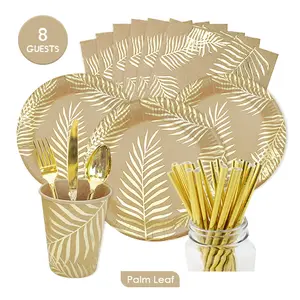 Einweg-Kraftpapier-Geschirrset Goldenes farbiges Palm blatt muster Teller becher Papier handtuch für Geburtstags-Hochzeits feier zubehör