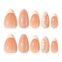 Ongles à presser élégants et minimalistes en acrylique faits à la main, forme amande, French manucure courte, 24 pièces, dégradé nude, blanc cassé, paillettes, breloques en maille