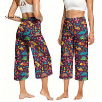 Pantalon large à motif floral personnalisé, ultra doux, taille haute, coupe courte, pour yoga et détente, avec cordon de serrage fonctionnel, style capri, vente en gros