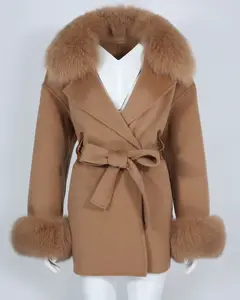 OFTBUY 2023 Long Wool Cashmere Blends Women Coat Suit Collar Real Fox Fur detachable Collar Cuffs Belt real fur overcoat